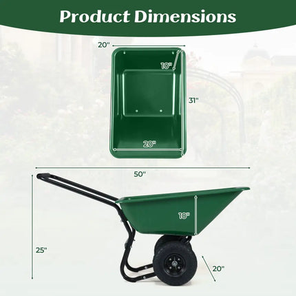 Dual-Wheel Wheelbarrow Garden Utility Cart with Pneumatic Tires-Green - Green - Garden Carts