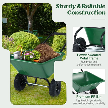 Dual-Wheel Wheelbarrow Garden Utility Cart with Pneumatic Tires-Green - Green - Garden Carts