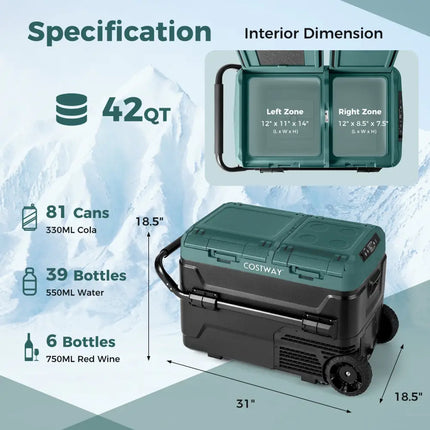 Dual Zone 12V 42QT Car Refrigerator for Vehicles Camping Travel Truck RV Boat Outdoor and Home Use-Green - Green