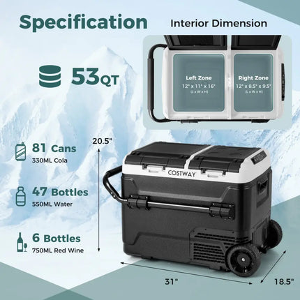 Dual Zone 12V Car Refrigerator for Vehicles Camping Travel Truck RV Boat Outdoor and Home Use-Black - Black - Coolers