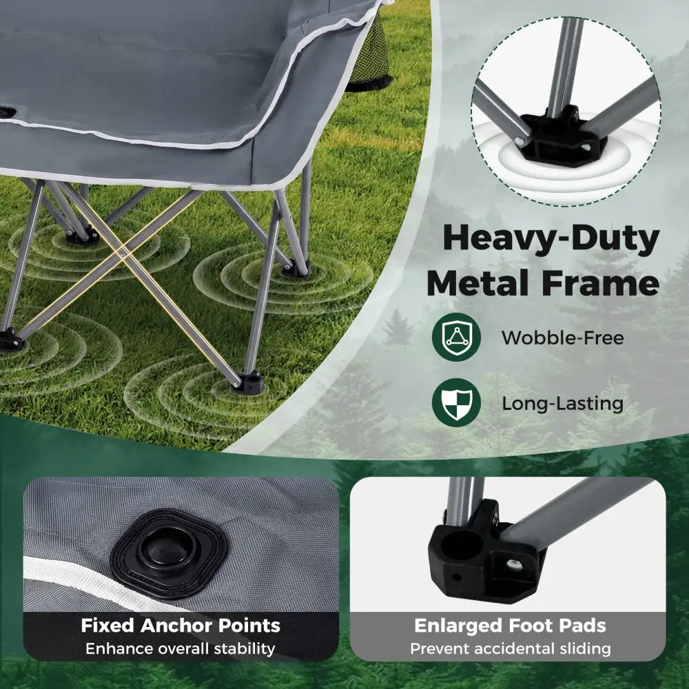 Duo Camping Chair Portable Oversized Loveseat with Armrests and Cup Holders-Gray - Gray - Beach & Lawn Chairs