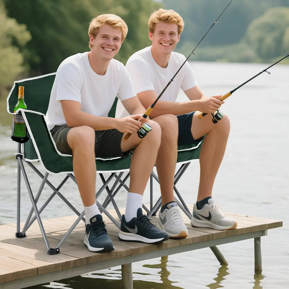 Duo Camping Chair Portable Oversized Loveseat with Armrests and Cup Holders-Green - Green - Beach & Lawn Chairs