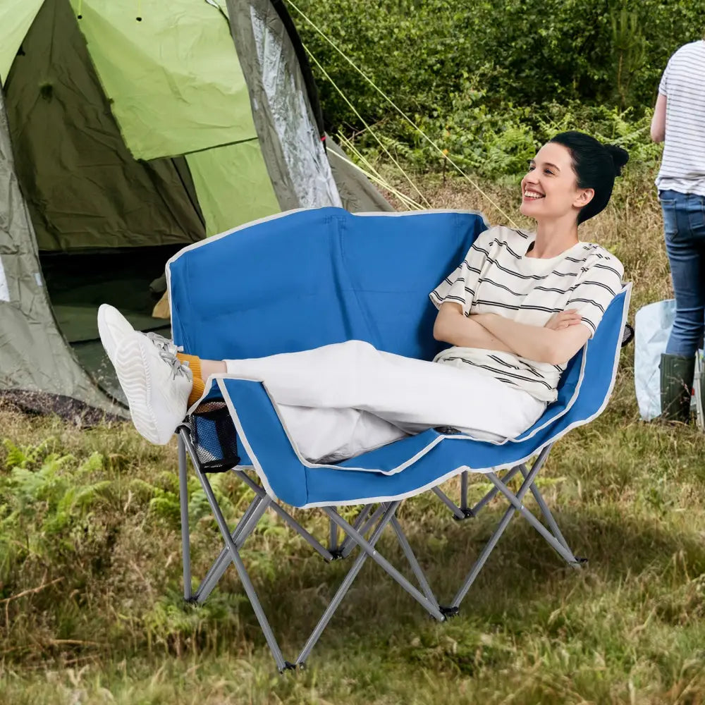 Duo Camping Chair Portable Oversized Loveseat with Armrests and Cup Holders-Blue - Blue - Beach & Lawn Chairs