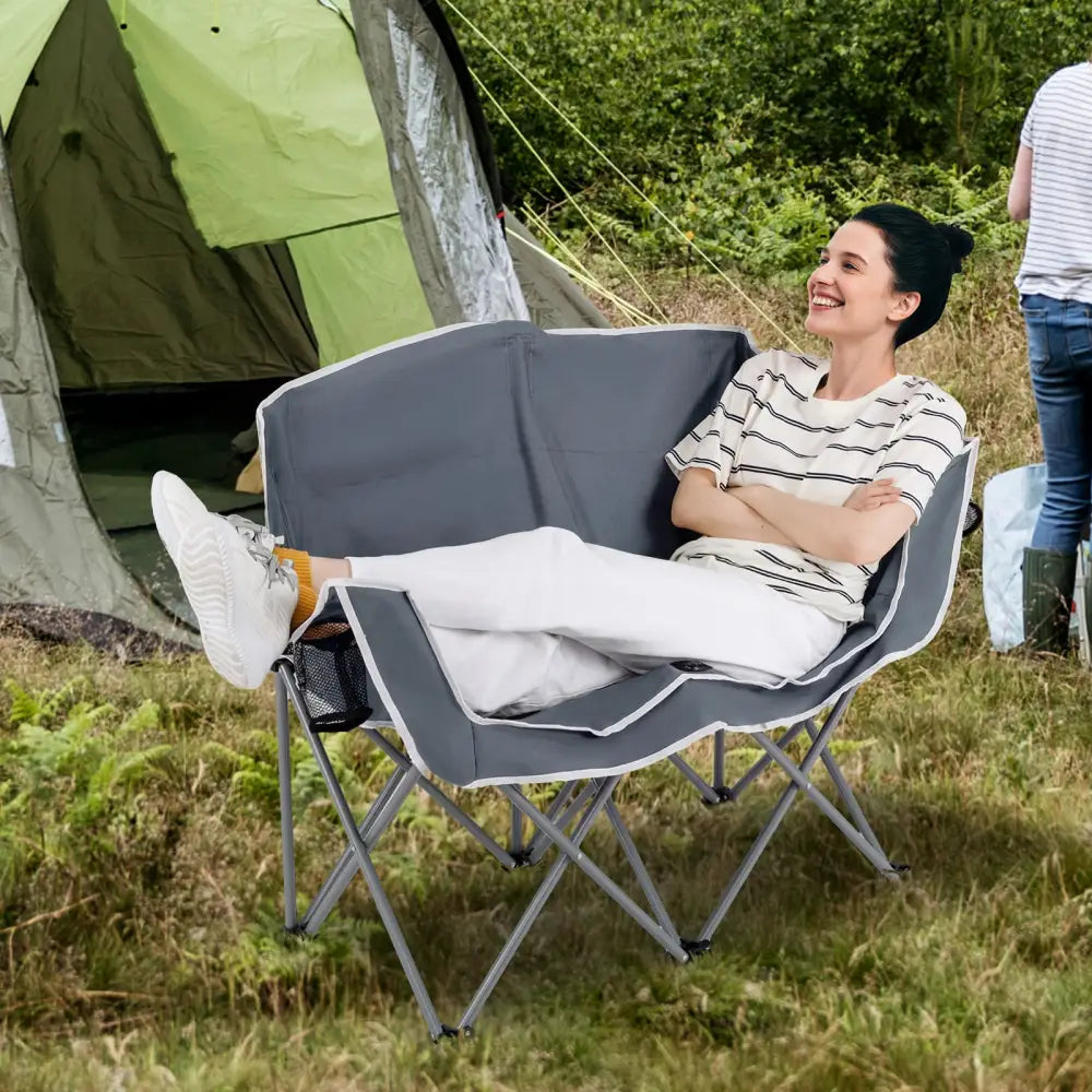 Duo Camping Chair Portable Oversized Loveseat with Armrests and Cup Holders-Gray - Gray - Beach & Lawn Chairs