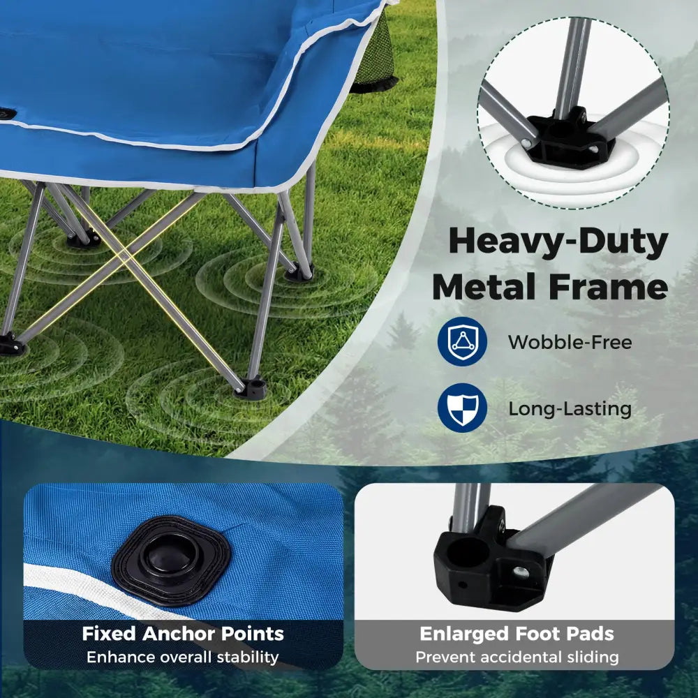 Duo Camping Chair Portable Oversized Loveseat with Armrests and Cup Holders-Blue - Blue - Beach & Lawn Chairs