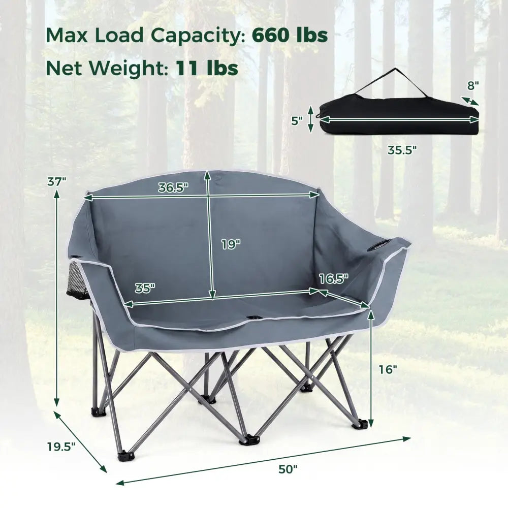 Duo Camping Chair Portable Oversized Loveseat with Armrests and Cup Holders-Gray - Gray - Beach & Lawn Chairs