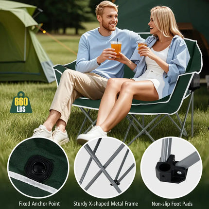 Duo Camping Chair Portable Oversized Loveseat with Armrests and Cup Holders-Green - Green - Beach & Lawn Chairs