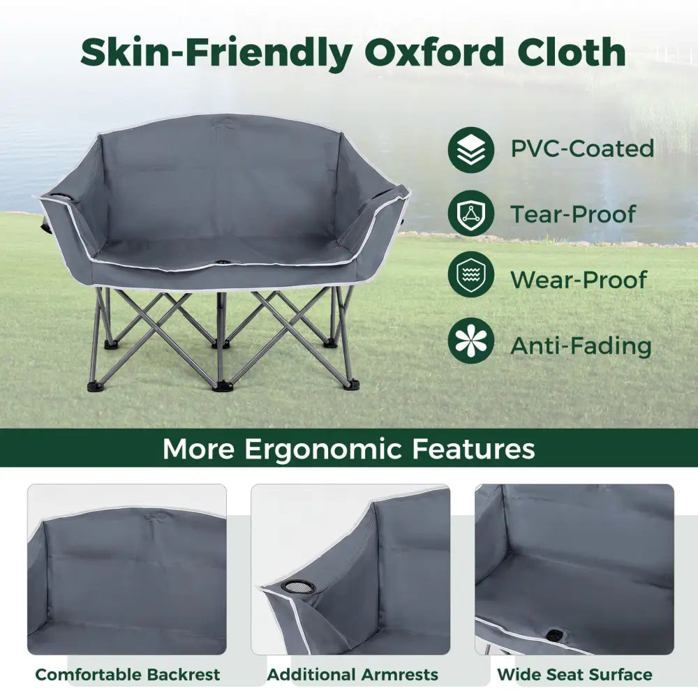 Duo Camping Chair Portable Oversized Loveseat with Armrests and Cup Holders-Gray - Gray - Beach & Lawn Chairs