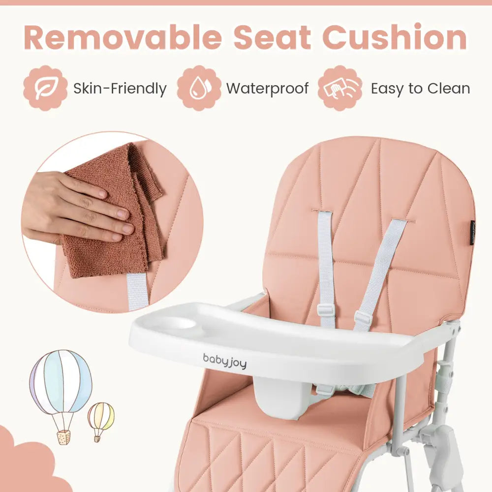 Easy Clean Compact Highchair with Removable Adjustable Tray and PU Seat Cushion-Pink - Pink - High Chairs