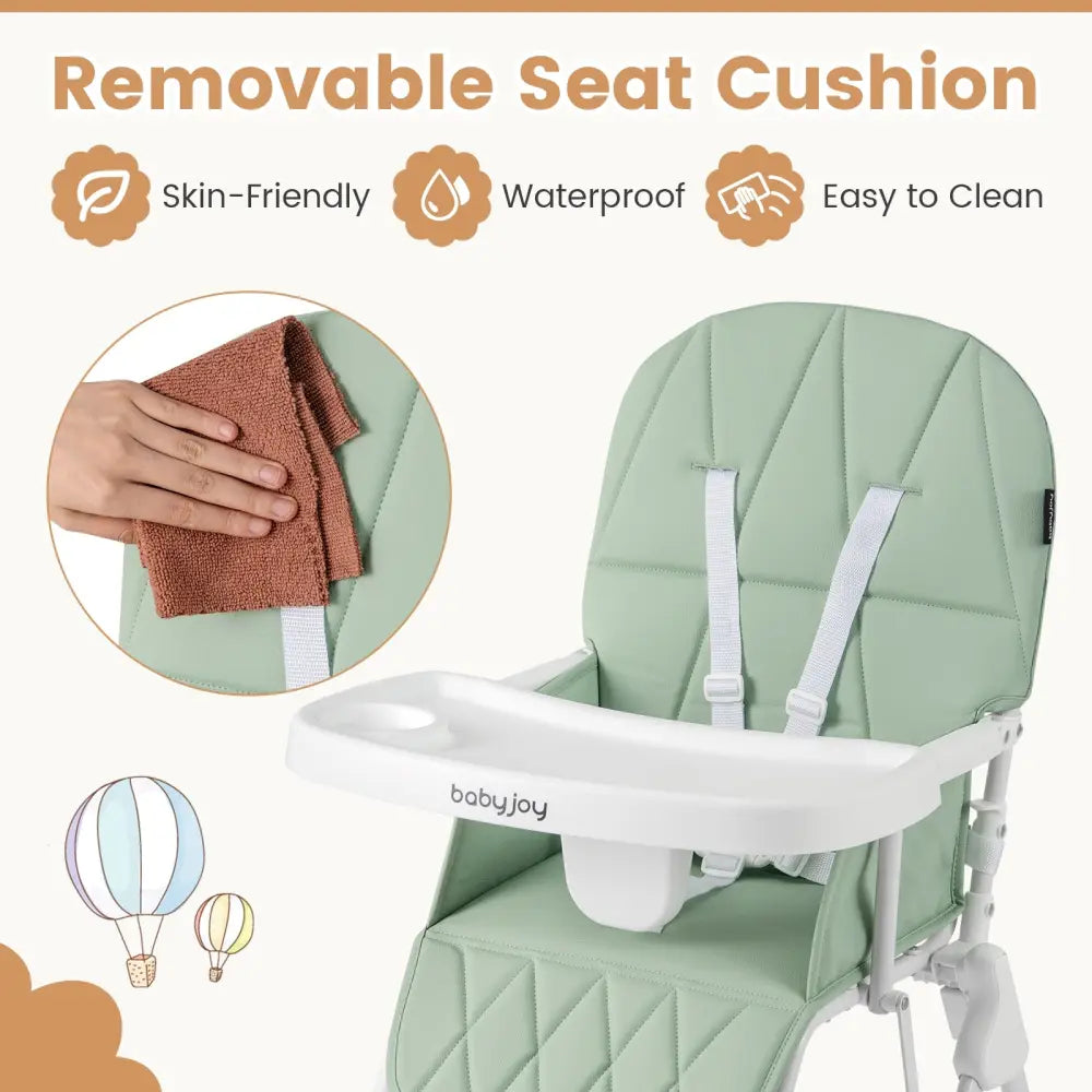 Easy Clean Compact Highchair with Removable Adjustable Tray and PU Seat Cushion-Green - Green - High Chairs