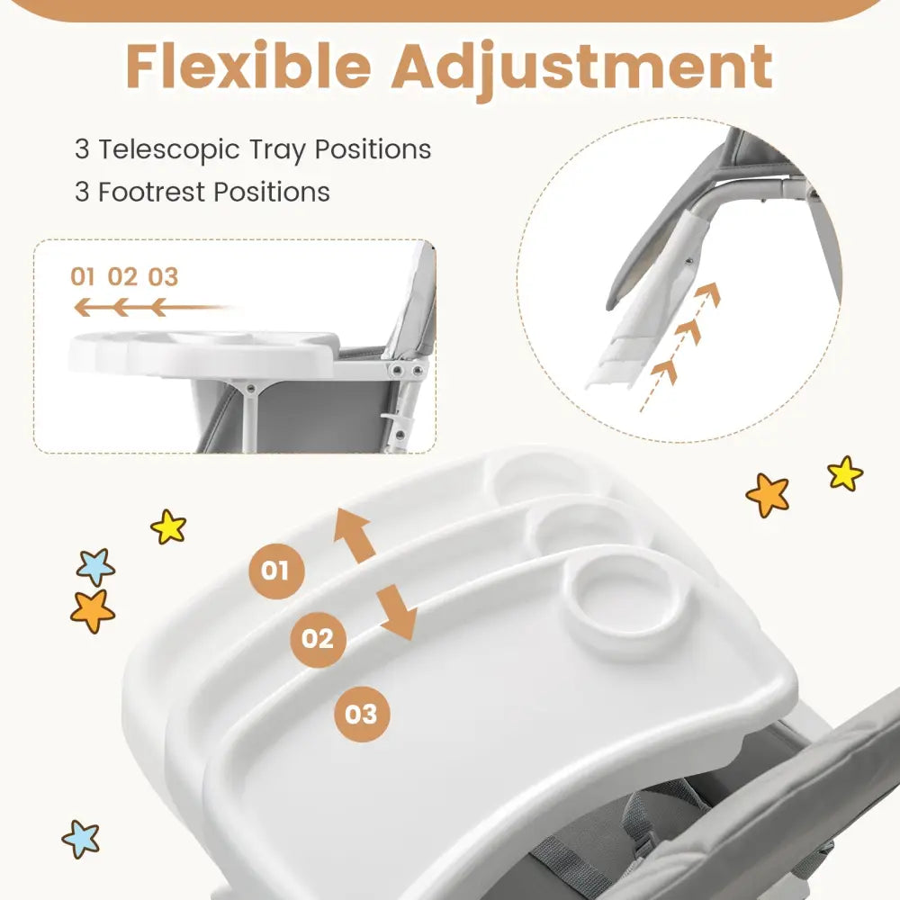 Easy Clean Compact Highchair with Removable Adjustable Tray and PU Seat Cushion-Gray - Gray - High Chairs