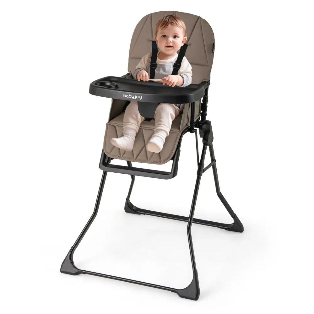 Easy Clean Compact Highchair with Removable Adjustable Tray and PU Seat Cushion-Brown - Brown - High Chairs