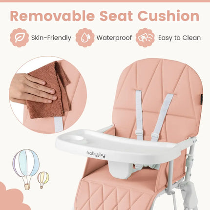 Easy Clean Compact Highchair with Removable Adjustable Tray and PU Seat Cushion-Pink - Pink - High Chairs
