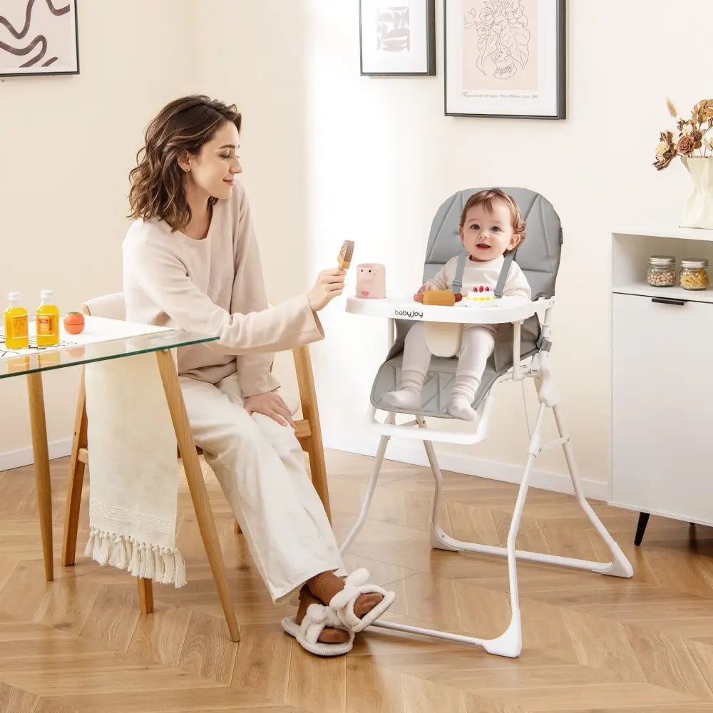 Easy Clean Compact Highchair with Removable Adjustable Tray and PU Seat Cushion-Gray - Gray - High Chairs