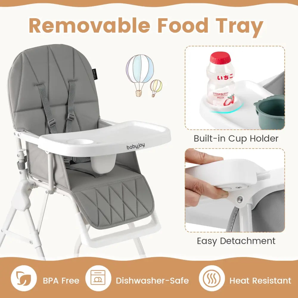 Easy Clean Compact Highchair with Removable Adjustable Tray and PU Seat Cushion-Gray - Gray - High Chairs