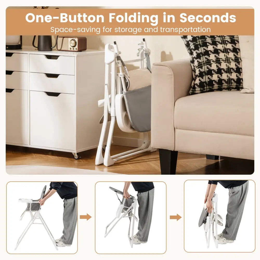 Easy Clean Compact Highchair with Removable Adjustable Tray and PU Seat Cushion-Gray - Gray - High Chairs