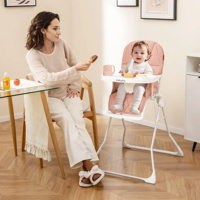 Easy Clean Compact Highchair with Removable Adjustable Tray and PU Seat Cushion-Pink - Pink - High Chairs