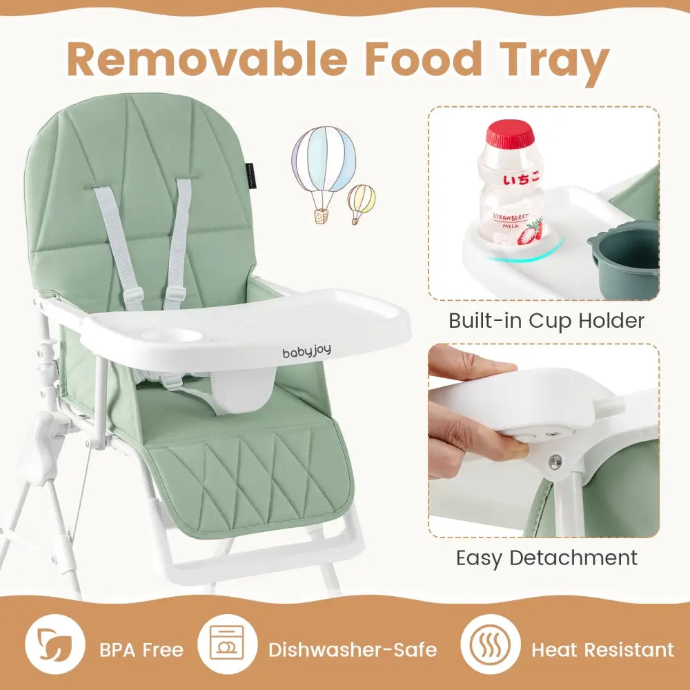 Easy Clean Compact Highchair with Removable Adjustable Tray and PU Seat Cushion-Green - Green - High Chairs