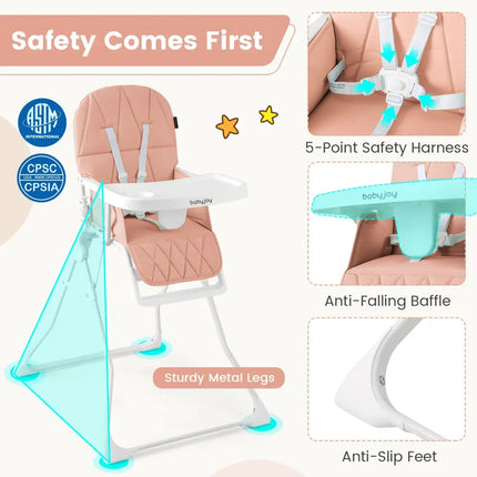 Easy Clean Compact Highchair with Removable Adjustable Tray and PU Seat Cushion-Pink - Pink - High Chairs