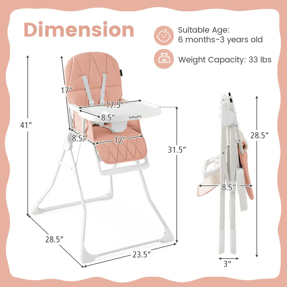Easy Clean Compact Highchair with Removable Adjustable Tray and PU Seat Cushion-Pink - Pink - High Chairs