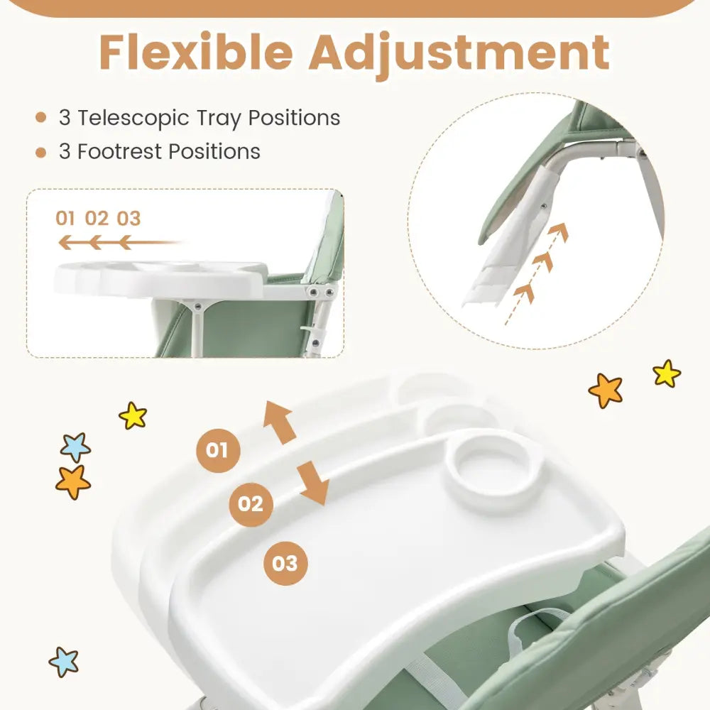 Easy Clean Compact Highchair with Removable Adjustable Tray and PU Seat Cushion-Green - Green - High Chairs
