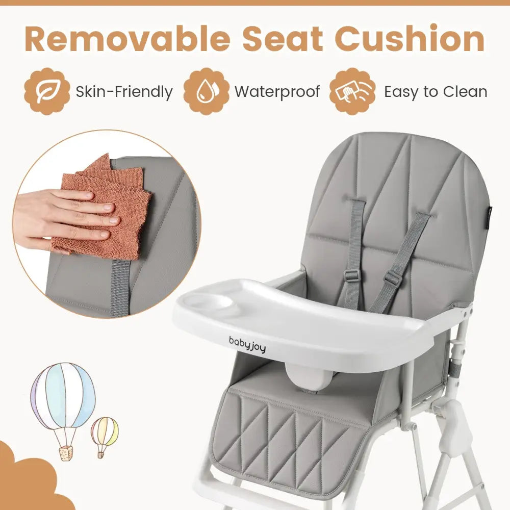 Easy Clean Compact Highchair with Removable Adjustable Tray and PU Seat Cushion-Gray - Gray - High Chairs