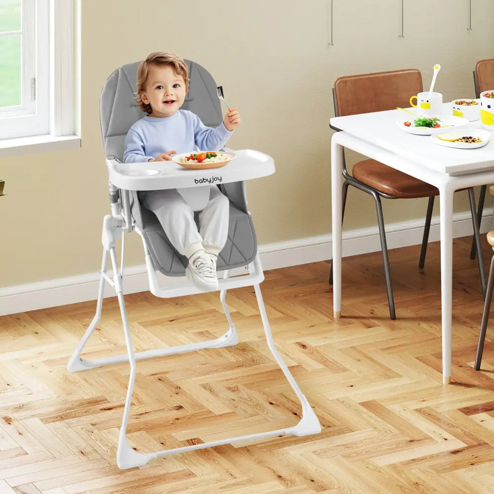 Easy Clean Compact Highchair with Removable Adjustable Tray and PU Seat Cushion-Gray - Gray - High Chairs