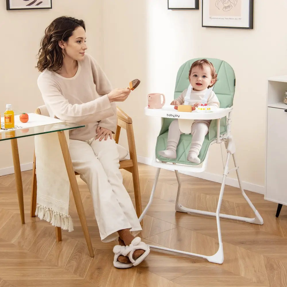 Easy Clean Compact Highchair with Removable Adjustable Tray and PU Seat Cushion-Green - Green - High Chairs