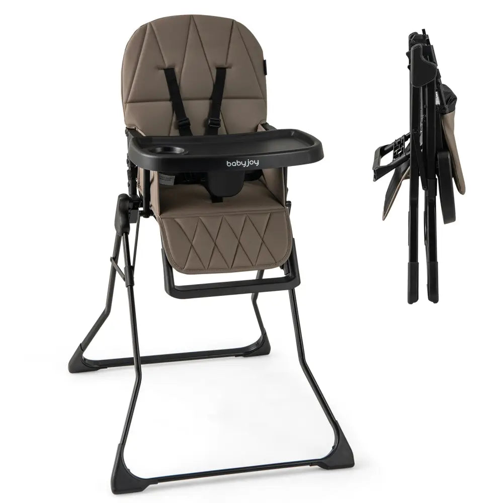 Easy Clean Compact Highchair with Removable Adjustable Tray and PU Seat Cushion-Brown - Brown - High Chairs