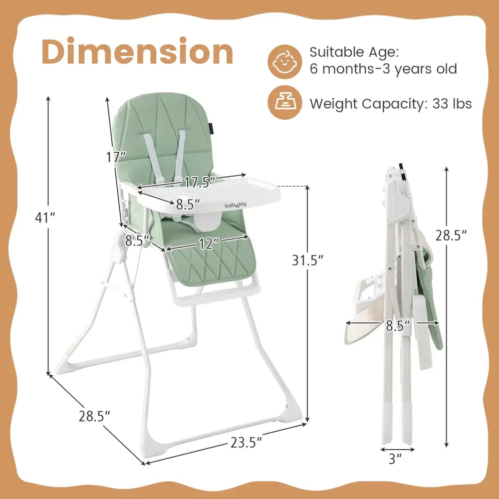Easy Clean Compact Highchair with Removable Adjustable Tray and PU Seat Cushion-Green - Green - High Chairs