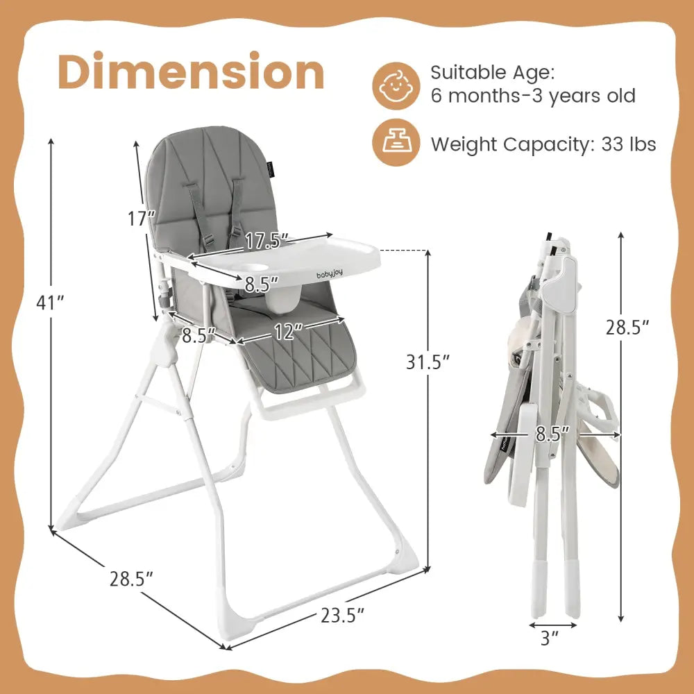 Easy Clean Compact Highchair with Removable Adjustable Tray and PU Seat Cushion-Gray - Gray - High Chairs