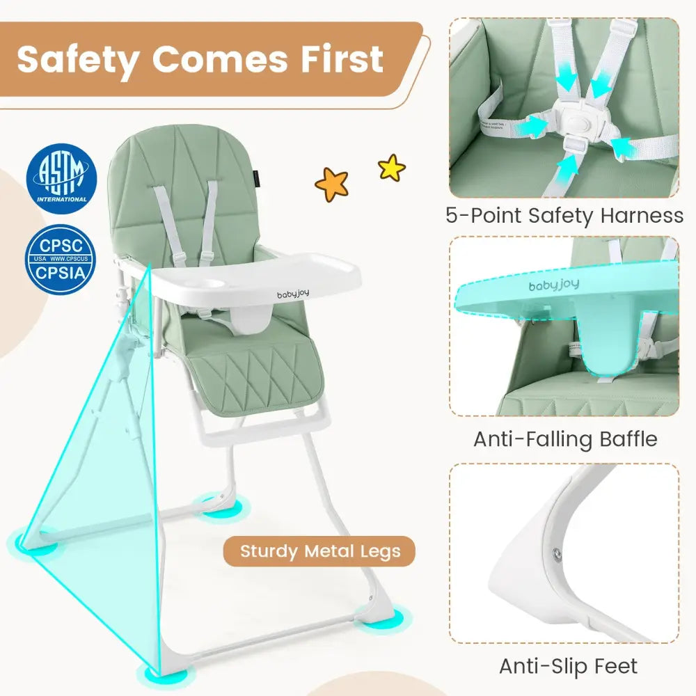 Easy Clean Compact Highchair with Removable Adjustable Tray and PU Seat Cushion-Green - Green - High Chairs