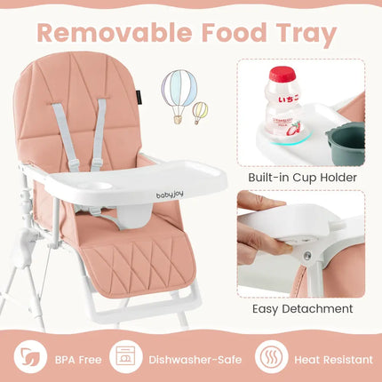 Easy Clean Compact Highchair with Removable Adjustable Tray and PU Seat Cushion-Pink - Pink - High Chairs