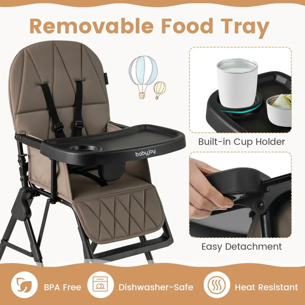 Easy Clean Compact Highchair with Removable Adjustable Tray and PU Seat Cushion-Brown - Brown - High Chairs