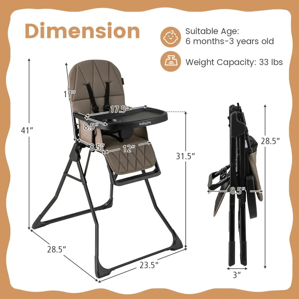 Easy Clean Compact Highchair with Removable Adjustable Tray and PU Seat Cushion-Brown - Brown - High Chairs