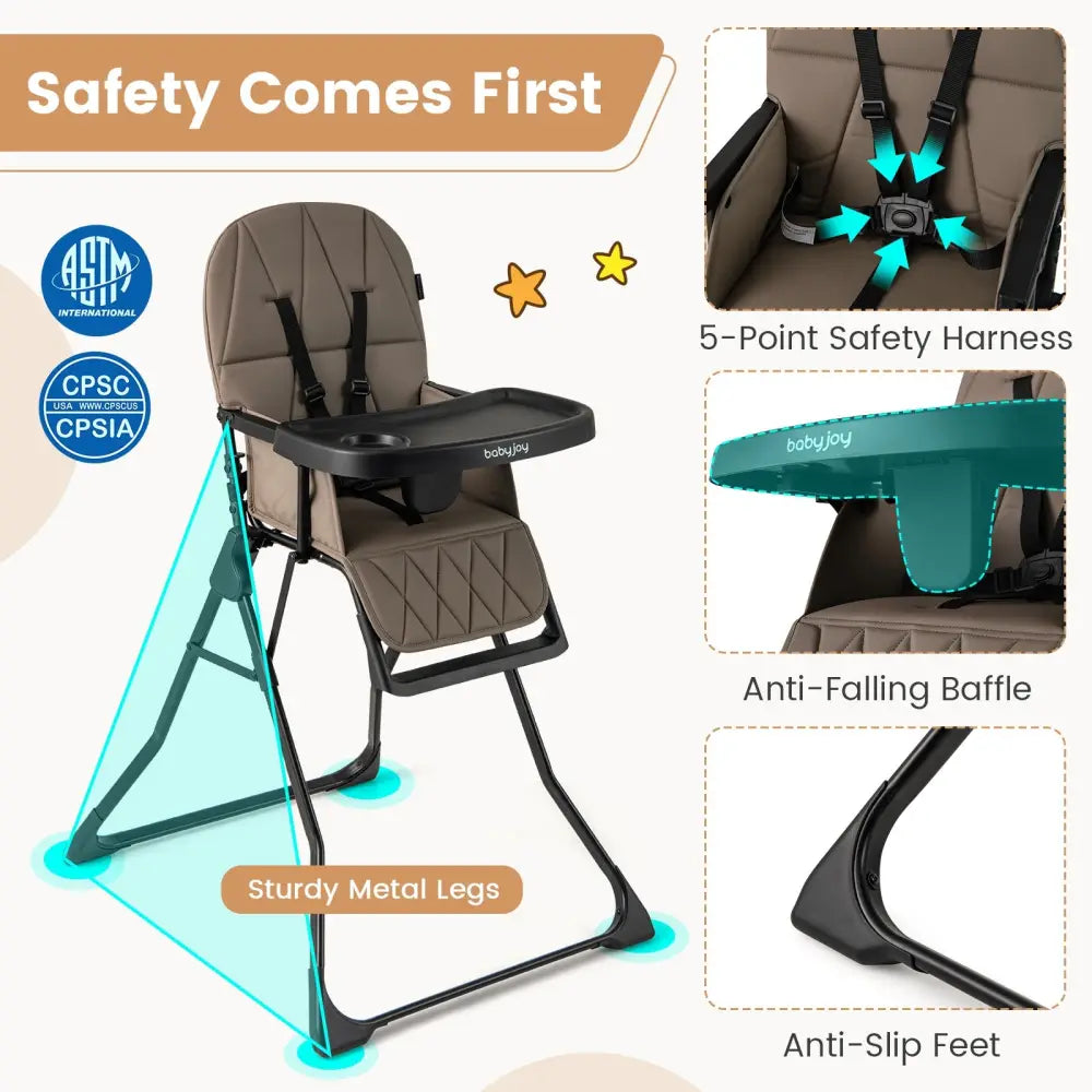 Easy Clean Compact Highchair with Removable Adjustable Tray and PU Seat Cushion-Brown - Brown - High Chairs