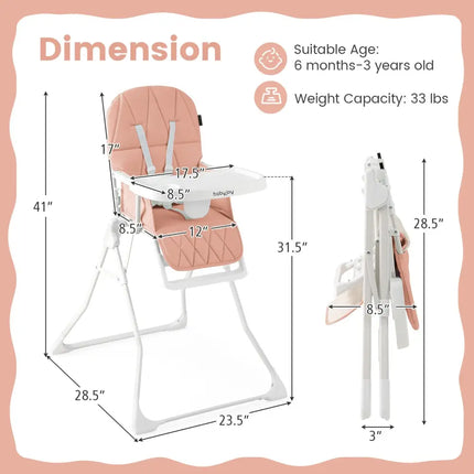 Easy Clean Compact Highchair with Removable Adjustable Tray and PU Seat Cushion-Pink - Pink - High Chairs