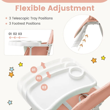 Easy Clean Compact Highchair with Removable Adjustable Tray and PU Seat Cushion-Pink - Pink - High Chairs