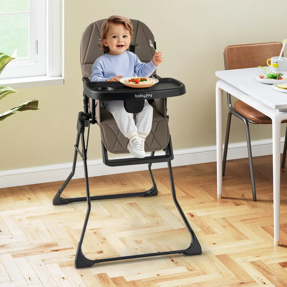Easy Clean Compact Highchair with Removable Adjustable Tray and PU Seat Cushion-Brown - Brown - High Chairs