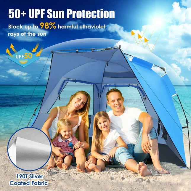 Easy Pop Up Beach Tent UPF 50+ Portable Sun Shelter-Blue for 3-4 Person - Blue - Tents