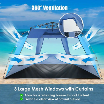 Easy Pop Up Beach Tent UPF 50+ Portable Sun Shelter-Blue for 3-4 Person - Blue - Tents