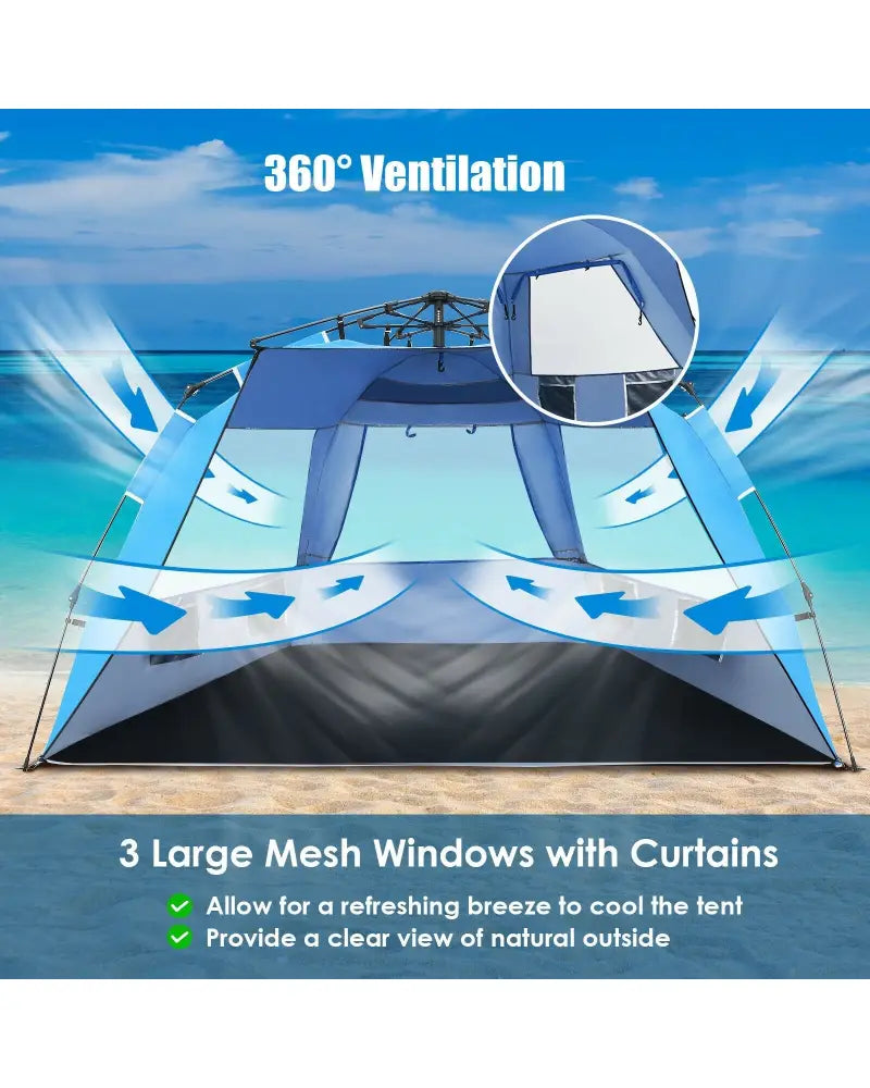 Easy Pop Up Beach Tent UPF 50+ Portable Sun Shelter-Blue for 3-4 Person - Blue - Tents