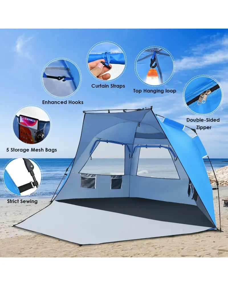 Easy Pop Up Beach Tent UPF 50+ Portable Sun Shelter-Blue for 3-4 Person - Blue - Tents