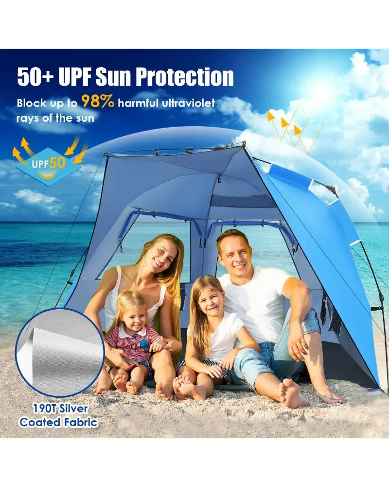 Easy Pop Up Beach Tent UPF 50+ Portable Sun Shelter-Blue for 3-4 Person - Blue - Tents