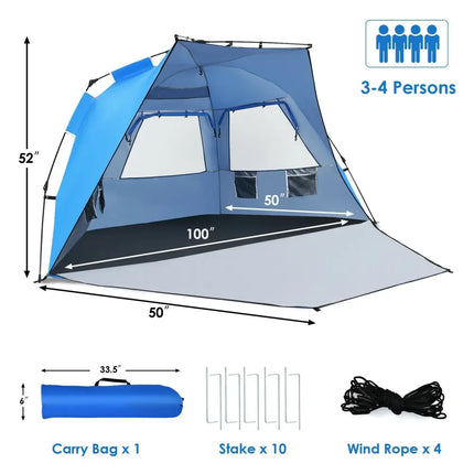 Easy Pop Up Beach Tent UPF 50+ Portable Sun Shelter-Blue for 3-4 Person - Blue - Tents