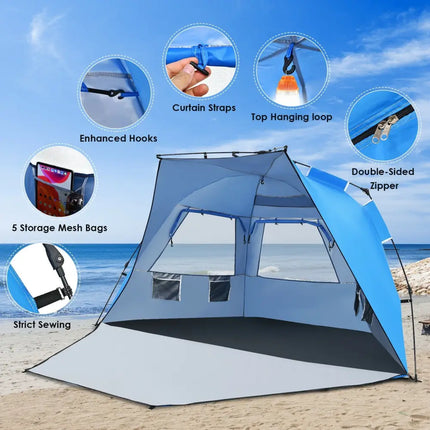Easy Pop Up Beach Tent UPF 50+ Portable Sun Shelter-Blue for 3-4 Person - Blue - Tents