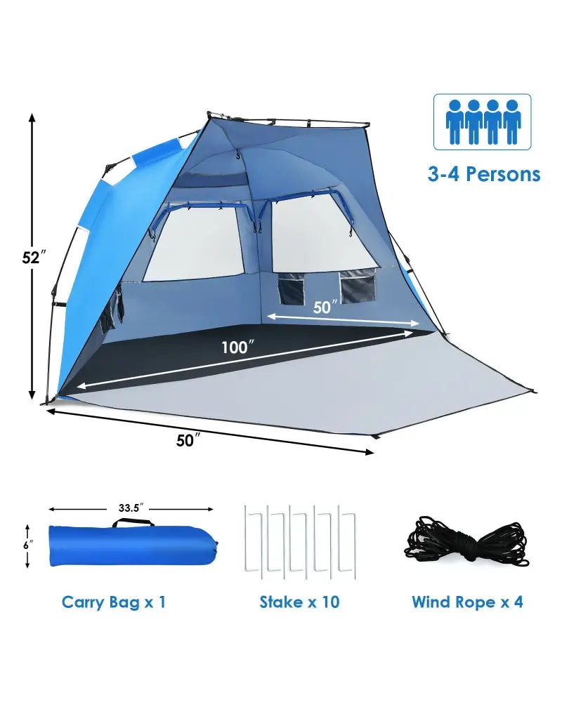 Easy Pop Up Beach Tent UPF 50+ Portable Sun Shelter-Blue for 3-4 Person - Blue - Tents