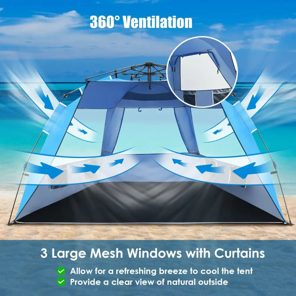 Easy Pop Up Beach Tent UPF 50+ Portable Sun Shelter-Blue for 3-4 Person - Blue - Tents