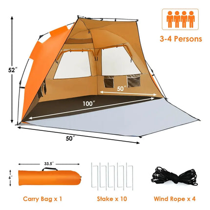 Easy Pop Up Beach Tent UPF 50+ Portable Sun Shelter for 3-4 Person-Orange - Orange - Tents