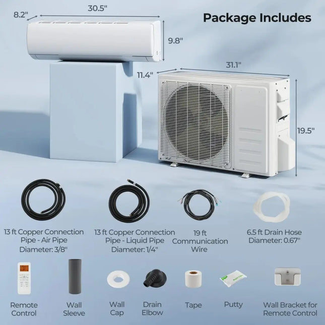 Air conditioning system package with dimensions and included items on a light blue background